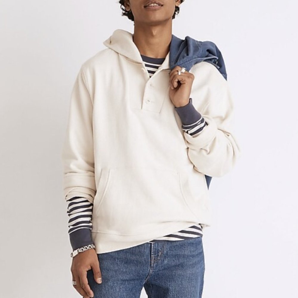 MADEWELL IVORY COTTON-HEMP TERRY HENLEY HOODIE SWEATSHIRT